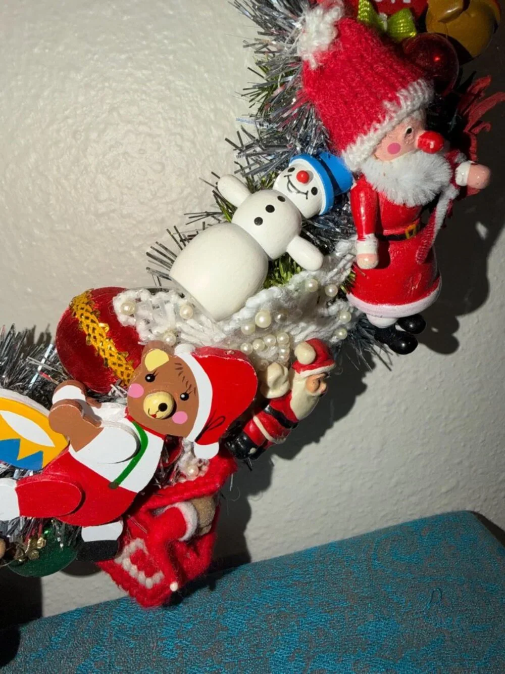 Christmas Wreath handmade w/ Vintage Wooden, Porcelain and Stitched Ornaments